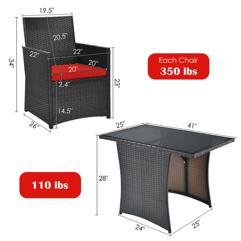 Ensemble bistro rectangulaire pour 2 personnes de 41 po de long avec coussins Altherr, Rouge, H 28 po x l 41 po x P 25 po