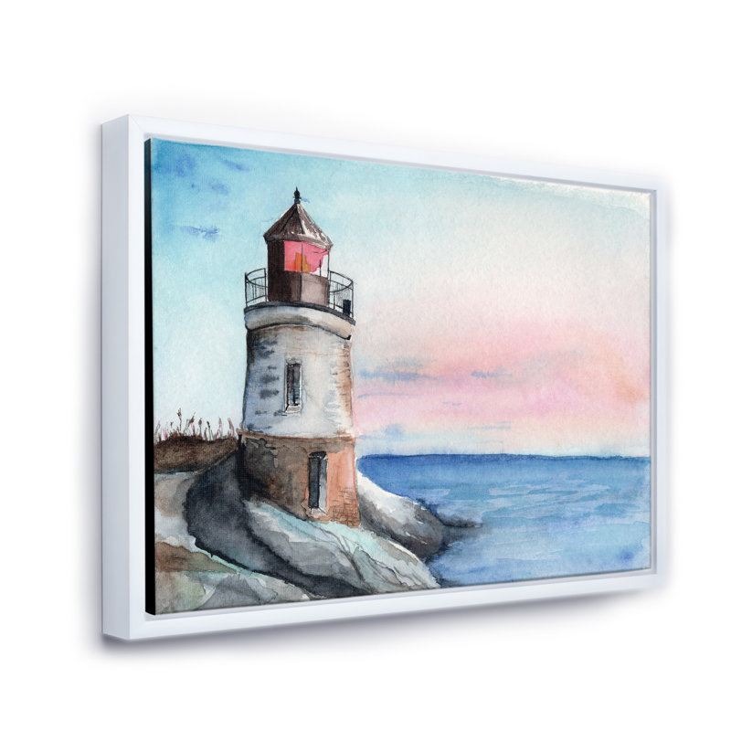 Un phare sur un rivage en début de matinée - peinture sur toile, H 16 po x l 32 po x p 1 po, Toile blanche encadrée