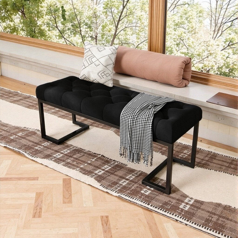 Banc capitonné à boutons de 45 po avec pieds en métal et sièges d'entrée modernes, Noir