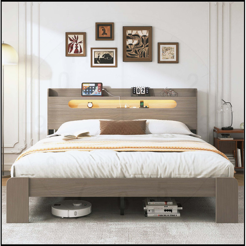 Structure de lit plateforme en bois avec rangement pour grand lit, tête de lit à DEL, ports USB, aucun sommier requis, assemblage facile, gris foncé