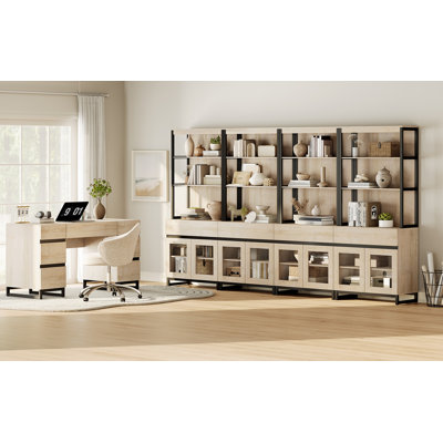  Ensemble de mobilier de bureau: bureau de direction moderne de 59 po avec station de charge et tiroirs et quatre bibliothèques de 72 po de hauteur avec armoire de rangement, mobilier de bureau personnel pour le travail