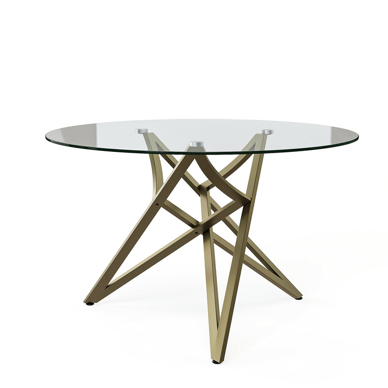 Table de salle à manger ronde de 47 pouces avec plateau en verre transparent et base en croix polie, Brun