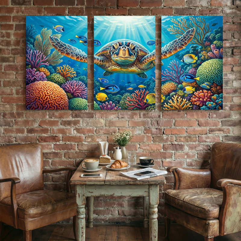 Animaux, tortues de mer, récifs coralliens, poissons, lumière du soleil, ensemble de 3 impressions sur toile
