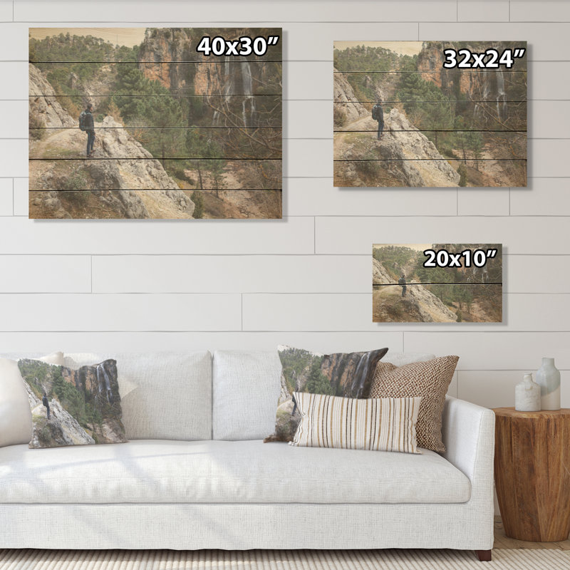 Exploring  Hiking Mountain Views - Hiking Wood Panel Wall Art On Natural Pine Wood, 24" H x 32" W