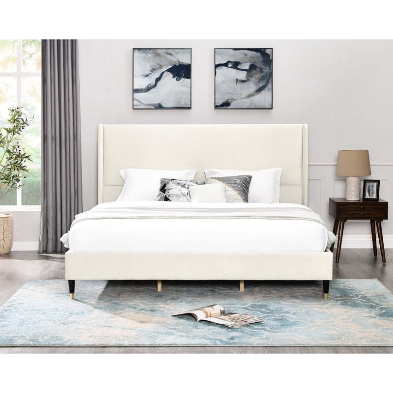 Lit très grand beige - à oreilles pour la durabilité de la chambre à coucher, velours moderne, King, Beige