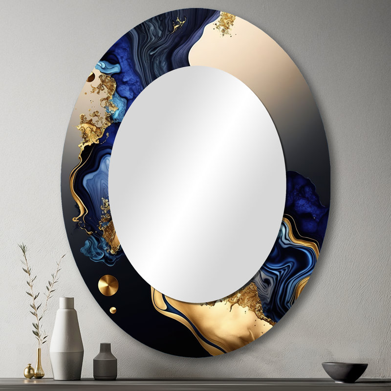 Abstract Marble Geode Blue I - Liquid Ink Round Mirror Wall Decor_MTMIR58591, 43 po x 33 po, Ovale