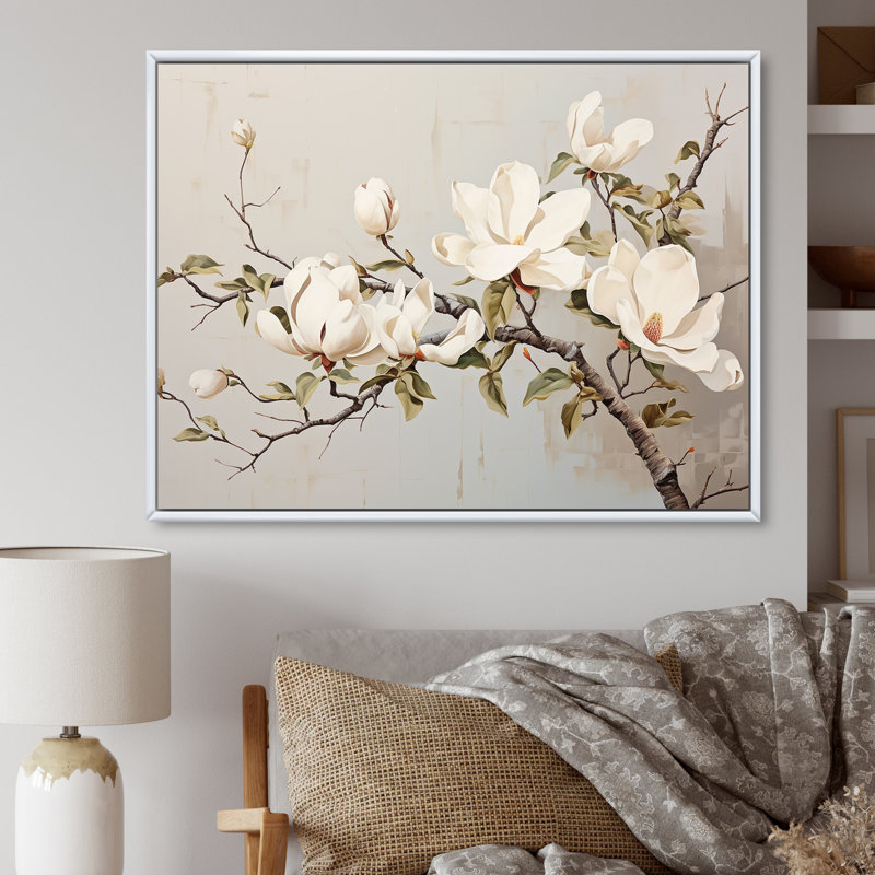 «Magnolias fleur beige II» sur toile imprimée, Cadre flottant blanc, 12" H x 20" W