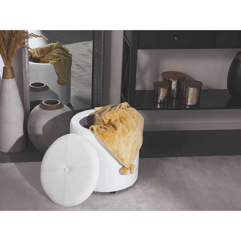 Ahsen 38cm Wide Faux Leather Tufted Round Pouf Ottoman with Storage, White