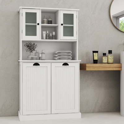 Armoire de salle de bain inclinable à deux compartiments avec panier à linge haut et 2 tablettes réglables