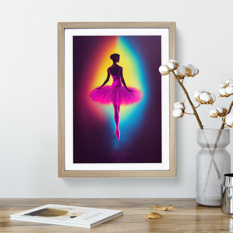 Neon Ballerina - Wall Art, 46cm H x 34cm W x 2cm D, Oak Framed
