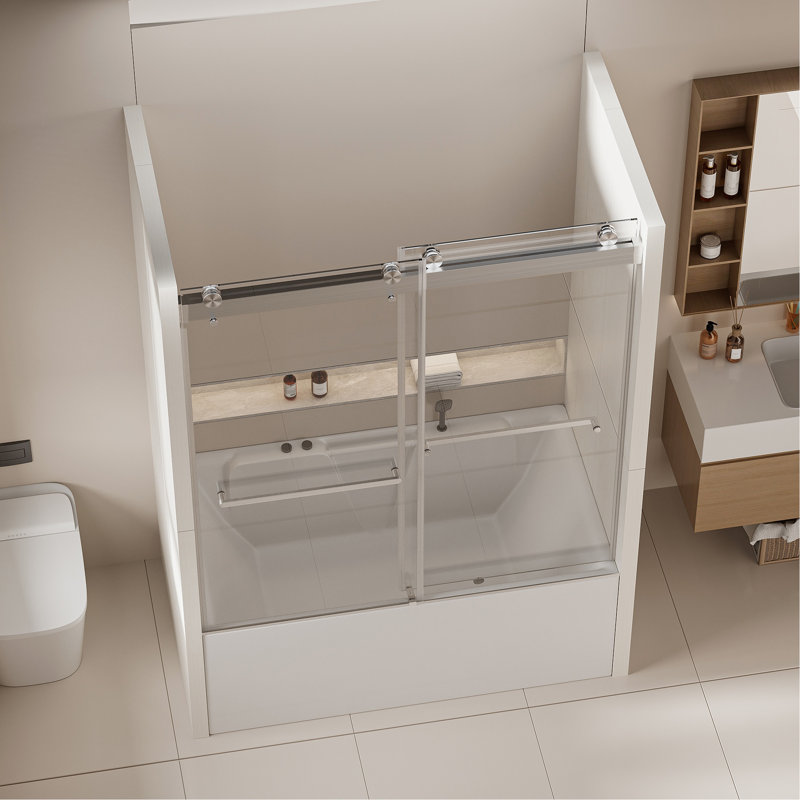 56-60 In. W X 62 In. H Frameless Double Sliding Tub Door, Bypass Tub Shower Door Soft Closing, Brushed Nickel, Brushed Nickel
