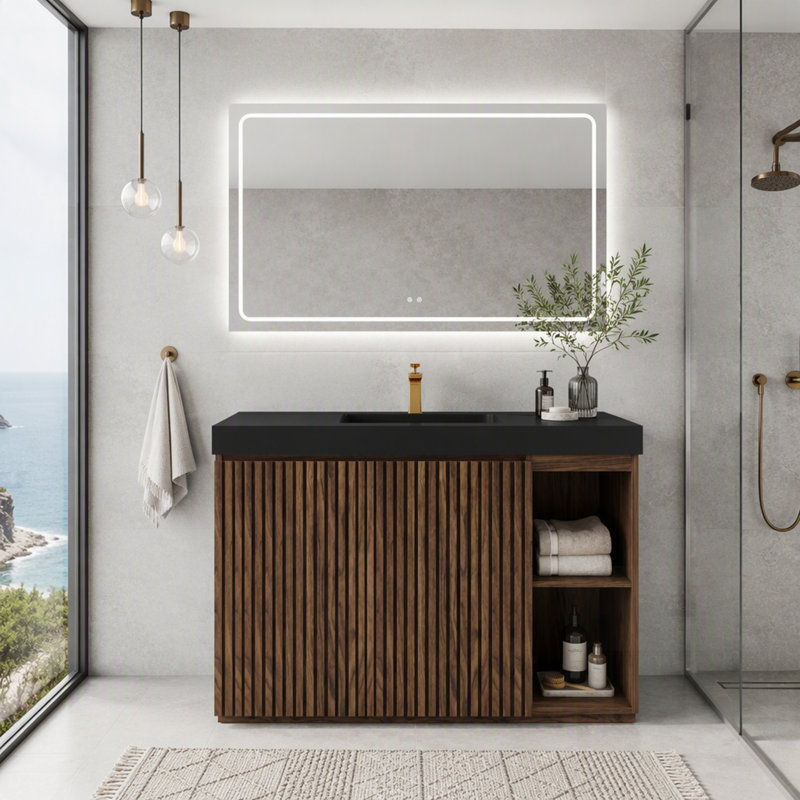 Meuble-lavabo de salle de bain avec lavabo, grand meuble-lavabo autoportant pour salle de bain moderne, lavabo une pièce noir sans bonde ni robinet