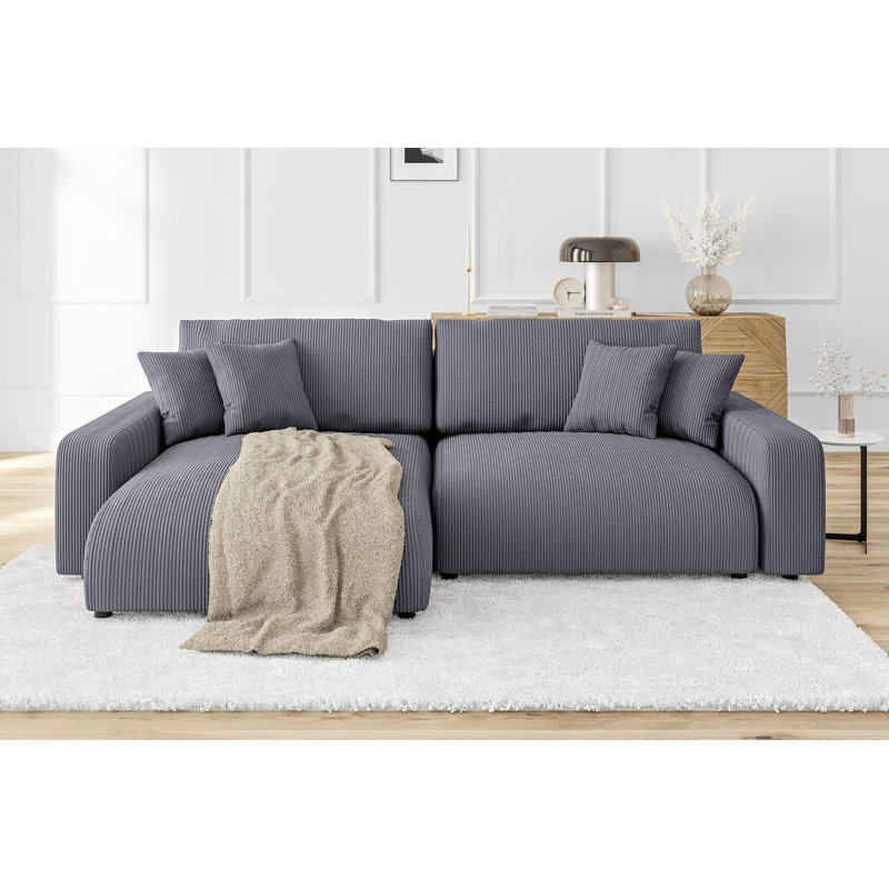  Gisela Sleeper Corner Sofa Chaise Bed with Storage Cord Fabric, Grey, Left Hand Facing