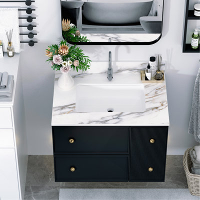 31 Inch Marble Vanity Top, Bathroom Vanity Top with Undermount Rectangular Middle Sink and 4" Height Backsplash, Pre-Drilled Faucet Hole  Vanity Top, Carrara white with veins