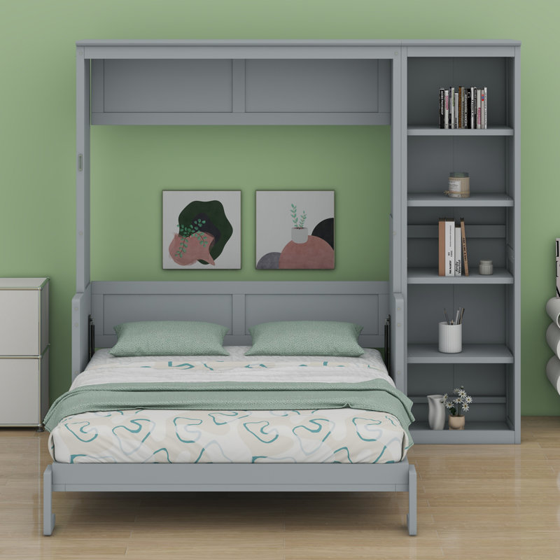 Lit escamotable avec bureau et bibliothèque Murphy, Gris, Double