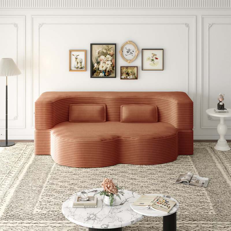Canapé moderne avec 2 coussins, Velours côtelé orange