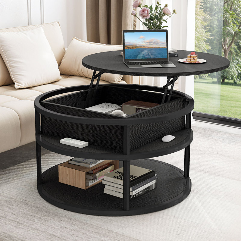 Rothwell 31.5"W Lift Top Extendable Round Frame Coffee Table with Storage, Light Maple, Black