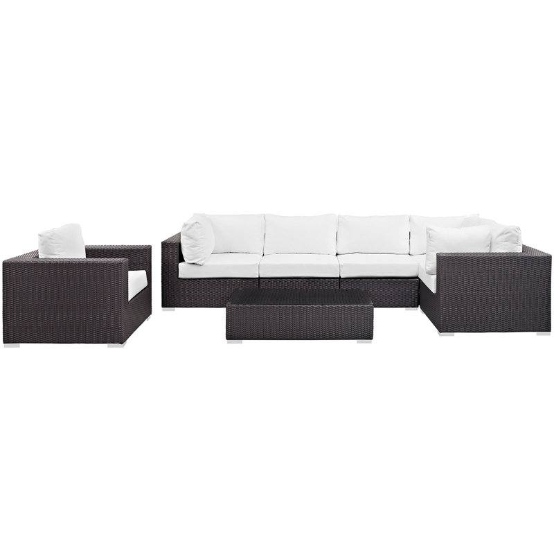 Modway Convene Wicker Rattan 7-Piece Outdoor Patio Sectional Sofa Furniture Set, White