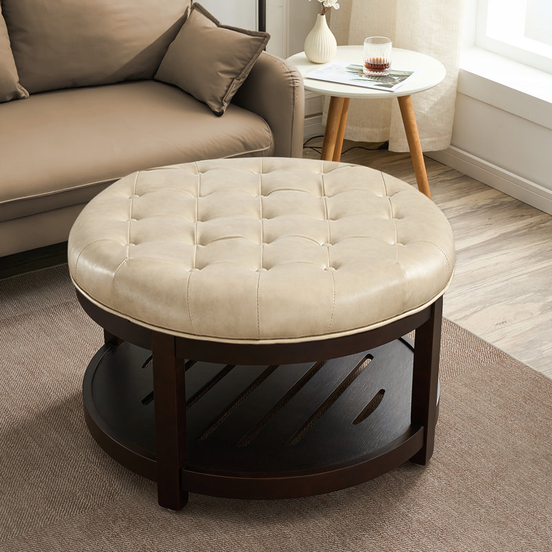 Repose-pieds capitonné avec plateau de rangement Farmhouse, Similicuir beige