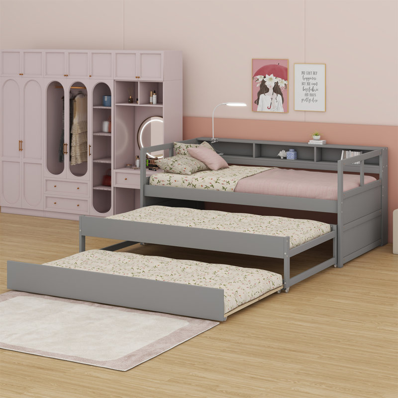 Daybed With 2 Trundles, Storage Shelves, 1 Light For Free And USB Charging Design, Gray
