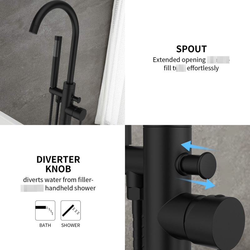 Robinet de baignoire autoportant fixé au sol - noir mat, structure, avec douche à main et robinet autoportant facile à nettoyer, poignée simple, tête à main à débit élevé