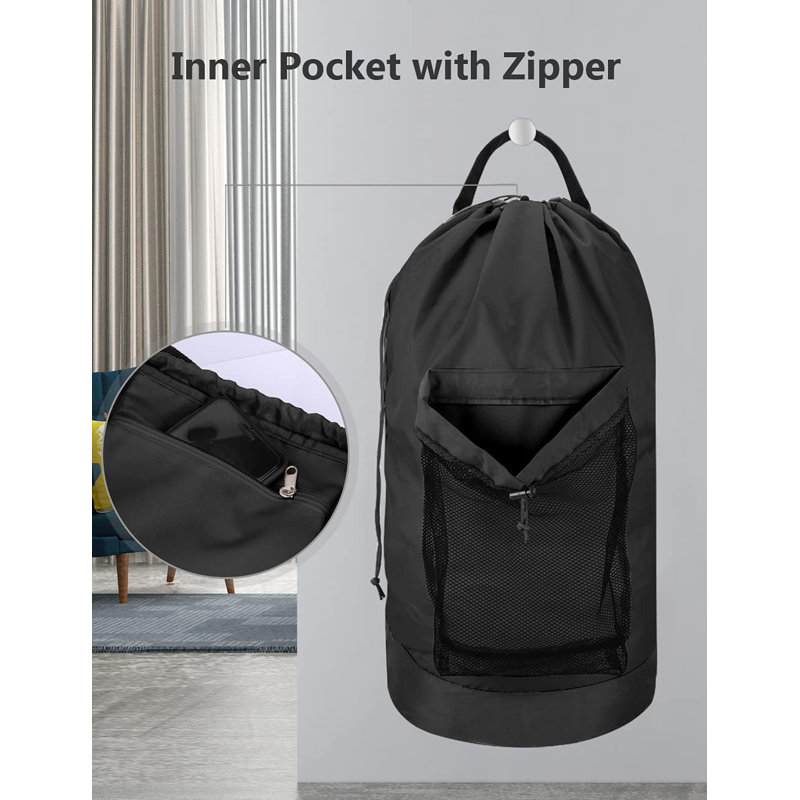 Backpack Laundry Bag With Shoulder Straps And Mesh Pocket Durable Nylon Clothes Hamper Bag With Drawstring Closure