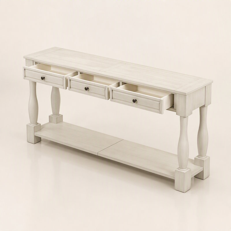 Longue console avec tiroirs et tablette, Blanc antique, Blanc antique, Antique White