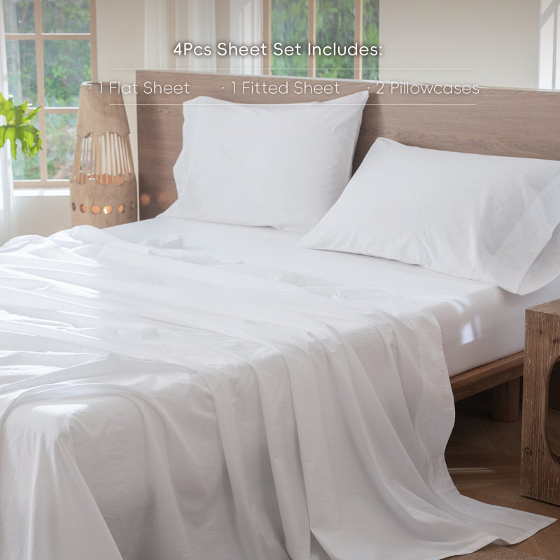 100% Washed Cotton Sheet Set Extra Deep Pocket Linen Like Textured, King Sheet Set with 2 Pillowcases, Bright White