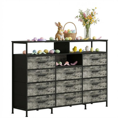 Dresser for Bedroom with LED Lights & Charging Station, 11 Drawer Dressers & Chests of Drawers, Steel Frame, Wood Top, 55 ” Fabric Dresser TV Stand for Bedroom,Hallway, Storage Organization, Entryway