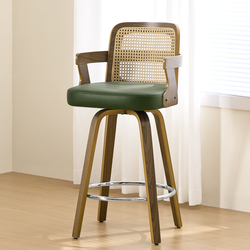 Upholstered Cane Back Counter & Bar Stool With Armrest, Green, 1