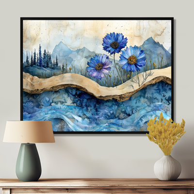 Turquoise bleuet fleurs et rivière en bois paysage IV - bleuet, art mural