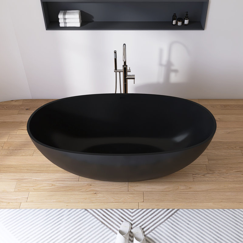 61'' x 30'' Freestanding Soaking Solid Surface Stone Resin Bathtub, Black