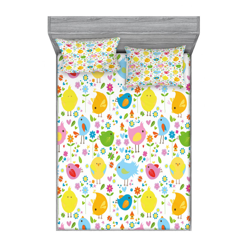 Ensemble de draps Spring Birds with Flowers, Ensemble de drap pour grand lit avec drap-housse