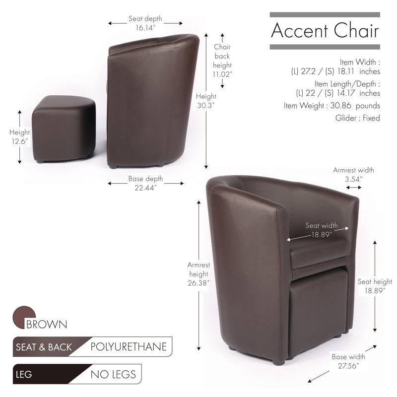 Faux Leather Barrel Chair with Footstool, Brown