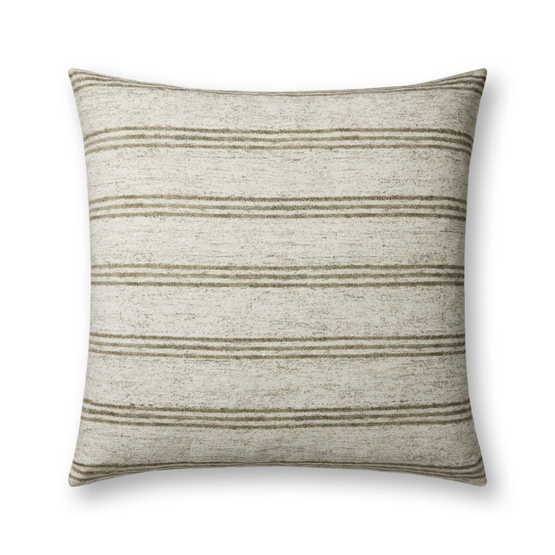 Ivory and Olive Striped 22" Square Cotton Throw Pillow