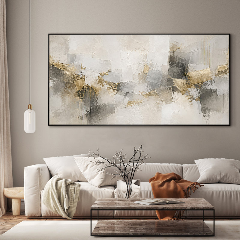 Très grand art mural imprimé sur toile - Accents dorés abstraits décoratifs de salon contemporain - «Assemblage requis du cadre (cadre non fini)»