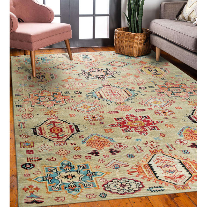 Tapis traditionnel ivoire en laine noué à la main, Rectangle 6 pi x 9 pi