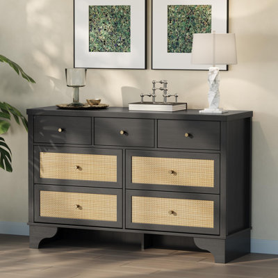 7-Drawer Buffet Cabinet, Black Sideboard with Rattan Accents, Wide Wooden Storage Cabinet with Spacious Drawers for Living Room, Entryway, Modern Organizer