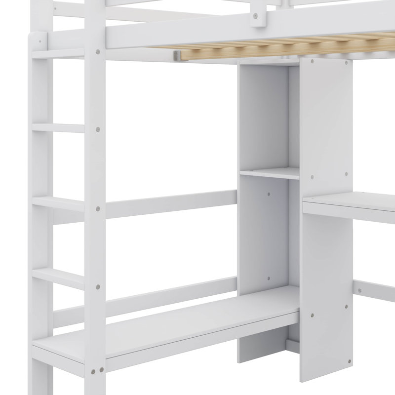 Lit double surélevé en bois pleine grandeur avec espace de travail sous le lit et tablettes multifonctionnelles, Blanc