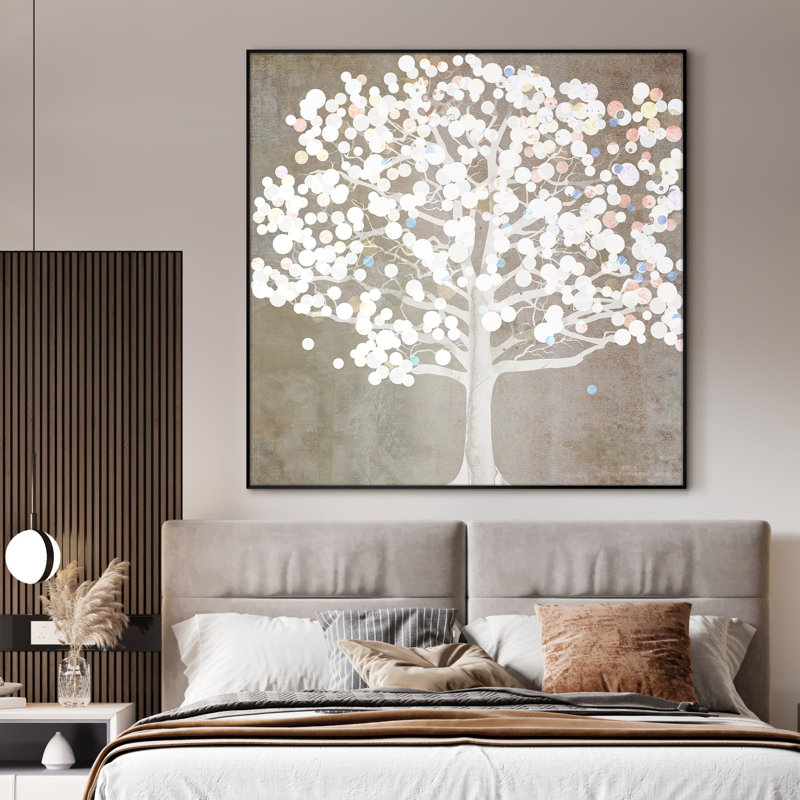 Extra Large Wall Art Fabric Print - Abstract Glowing White Tree with Bokeh Lights Artwork Decor for Living Room or Bedroom - "Frame Assembly Required (Unfinished Frame)"
