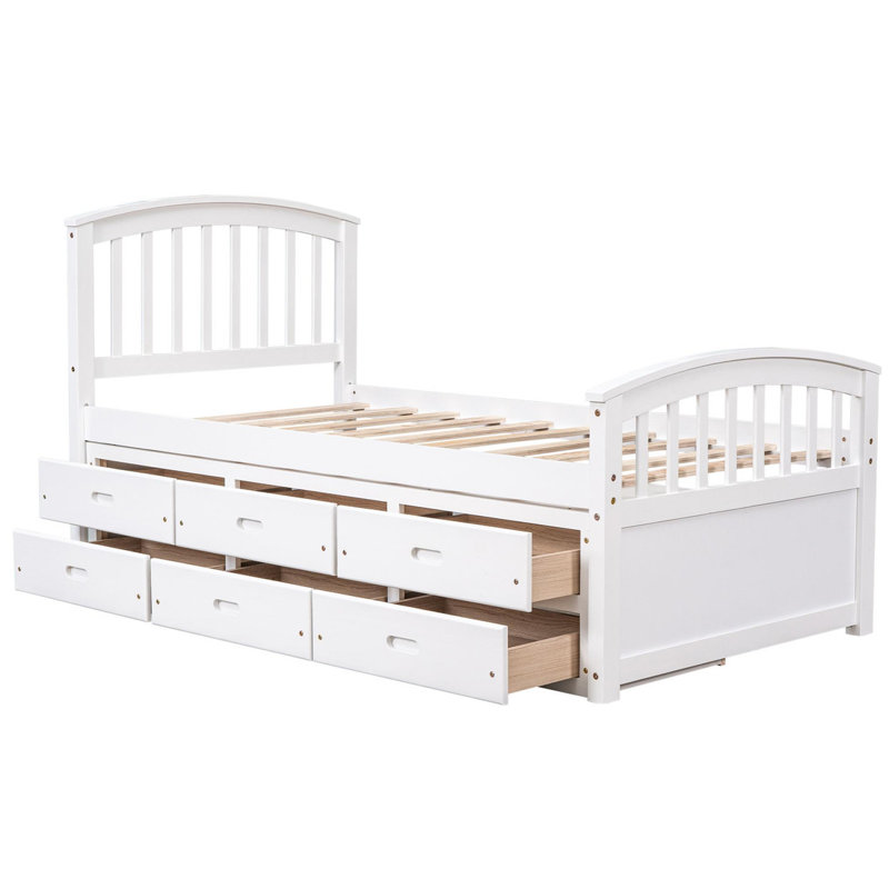 Lit en bois massif avec 6 tiroirs, lit plateforme simple avec rangement, Blanc