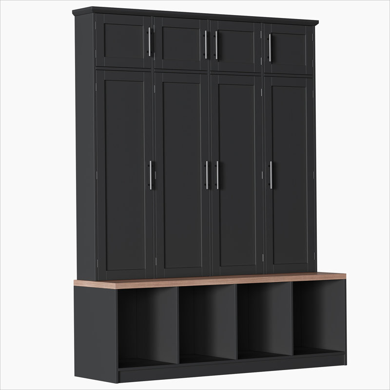 Farmhouse Hall Tree with 4 Hidden Hanging Hooks, Versatile Walnut Seating Bench with 8 Doors, Entryway Shoe Cabinet with Open Compartment for Living Room, Black