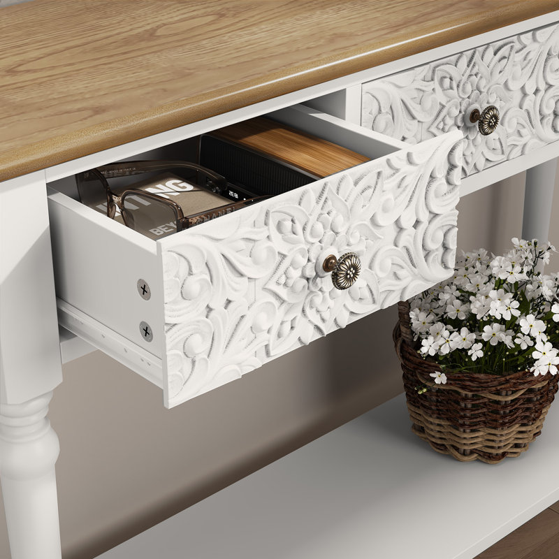 Console 42 po à 3 tiroirs sculptés avec tablette de rangement, Brun / Blanc