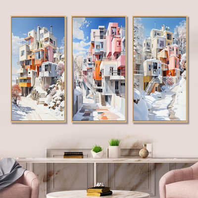 De Stijl, ville moderne en hiver - neige, ensemble de 3 reproductions d'art mural