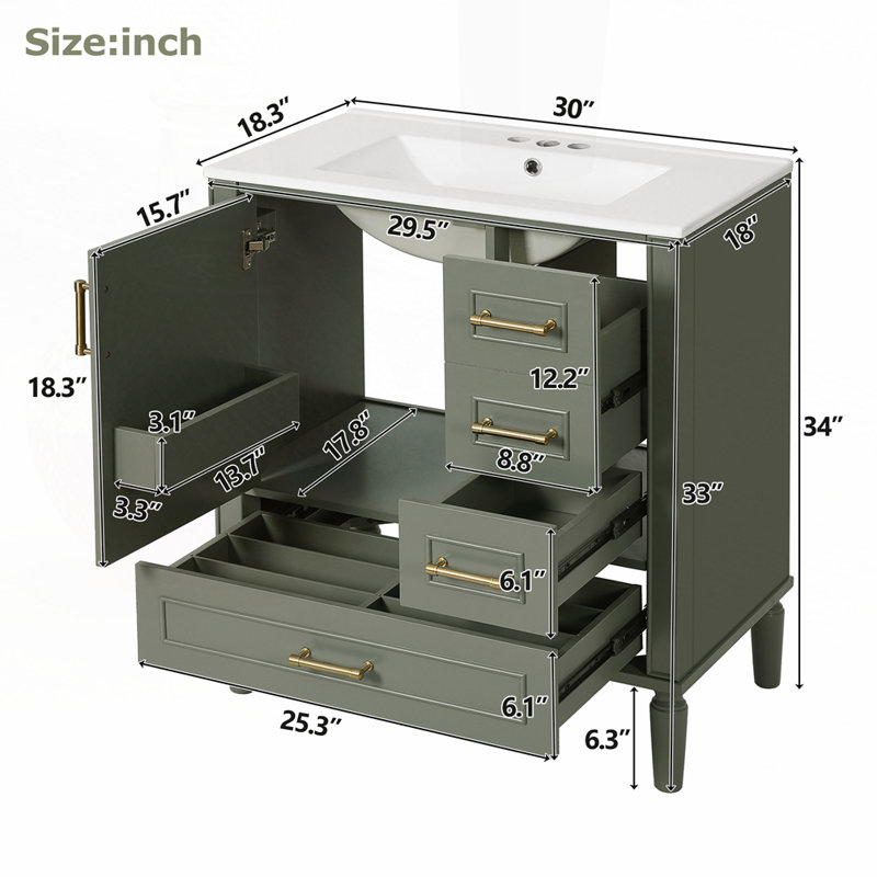 Meuble-lavabo 30 po avec lavabo en céramique, Vert olive