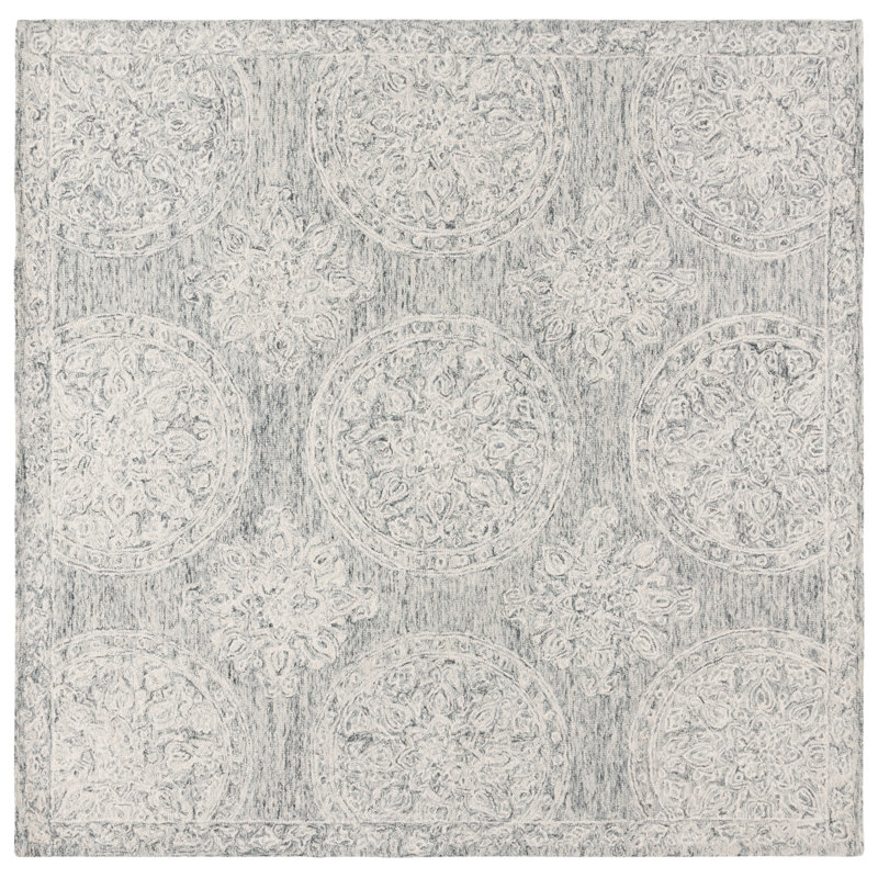 Tapis ivoire / gris touffeté à la main Damask, Carré 7 pi