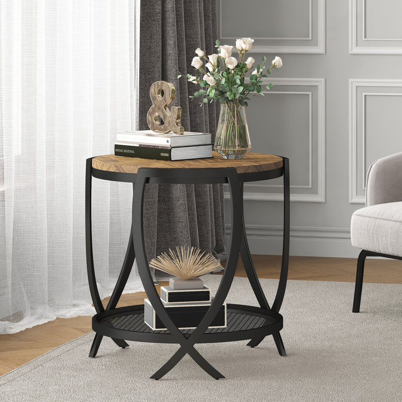 Aumiller Side Table with Storage, Black, Splicing Wood Brown