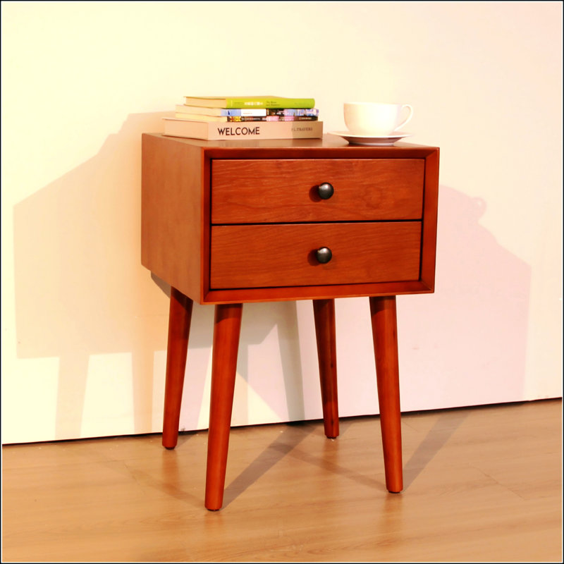 Table de chevet moderne en noyer avec 2 tiroirs, rangement coulissant et conception en angle pour une utilisation polyvalente à la maison