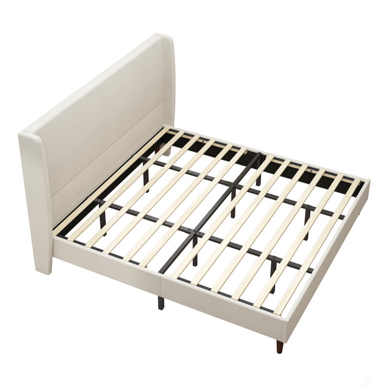 Lit tapissier à haute tête de lit, support à 12 lattes, facile à assembler, beige, tissu chenille, aucun sommier requis