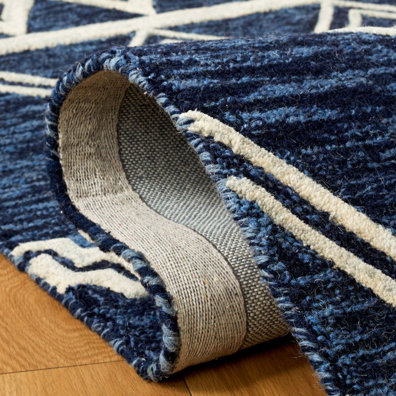 Ivory and Navy Tufted Wool Abstract Square Rug
